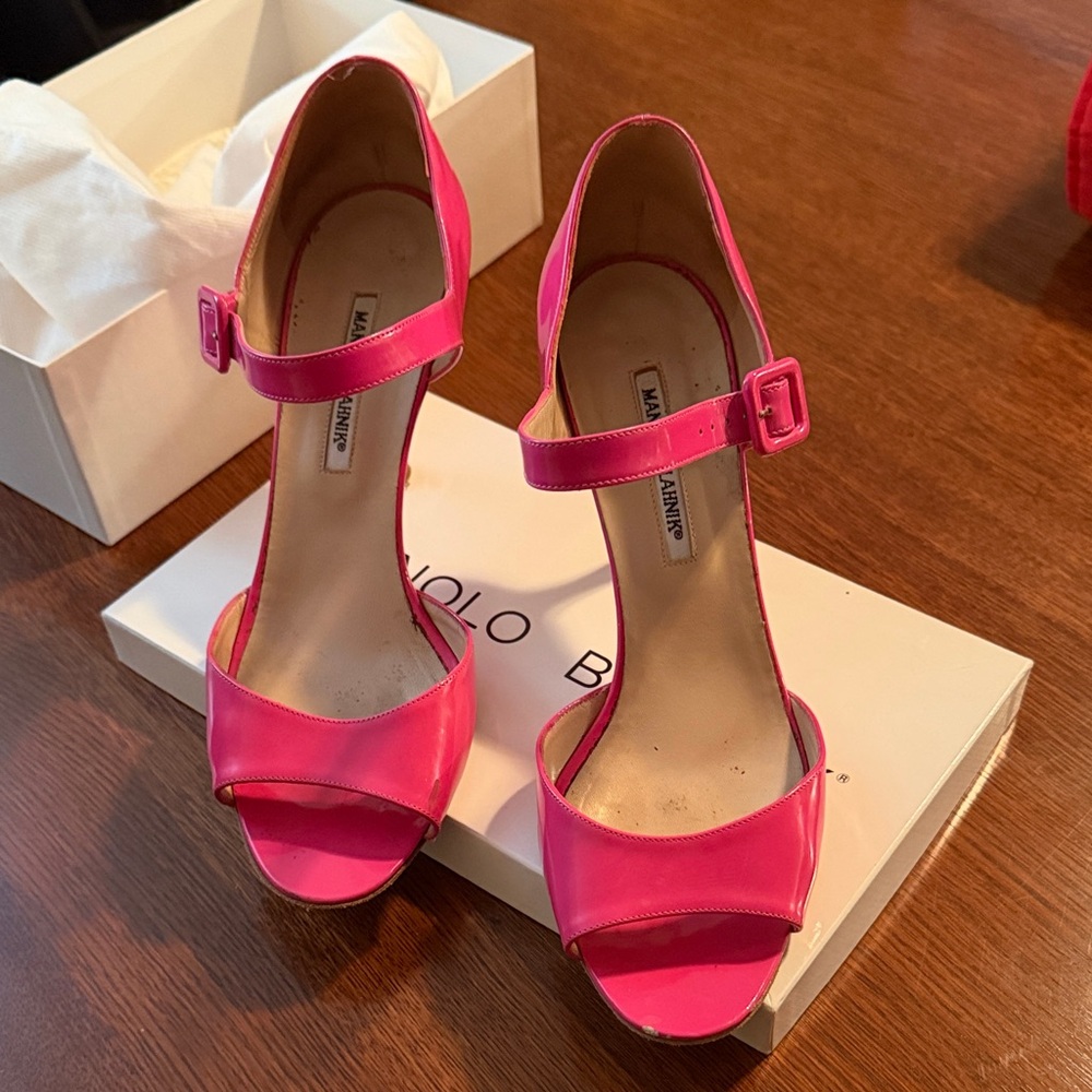 Manolo Blahnik Hot Pink Satin Mary Jane Heels